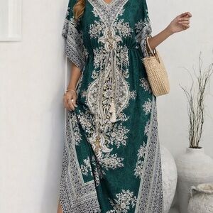 Elegant Green Patterned Kaftan Dress